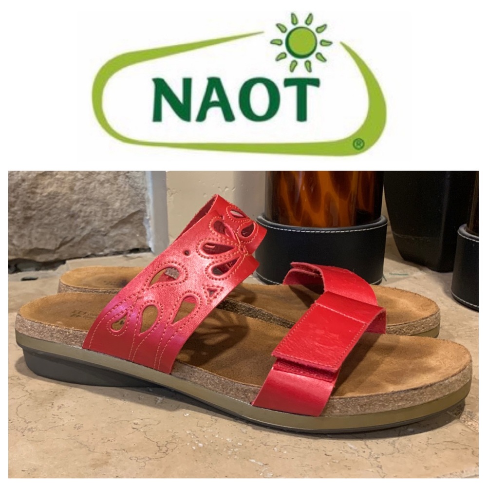 Red Leather Two-Strap Slide Sandals